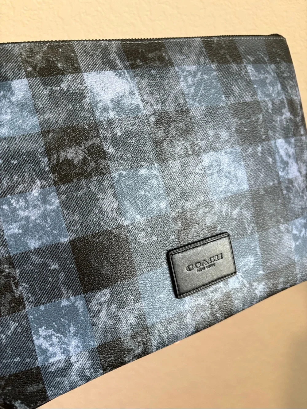 COACH Black and Gray Check Tablet Travel Pouch